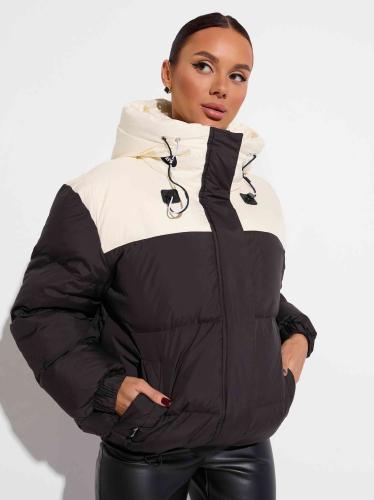 Женский укороченный пуховик с капюшоном, черно-белый