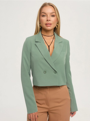 Жакет женский укороченный двубортный, серо-зеленый