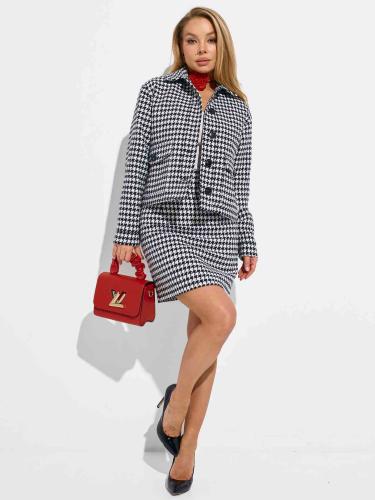 Костюм из твида «гусиная лапка» с юбкой, черно-белый