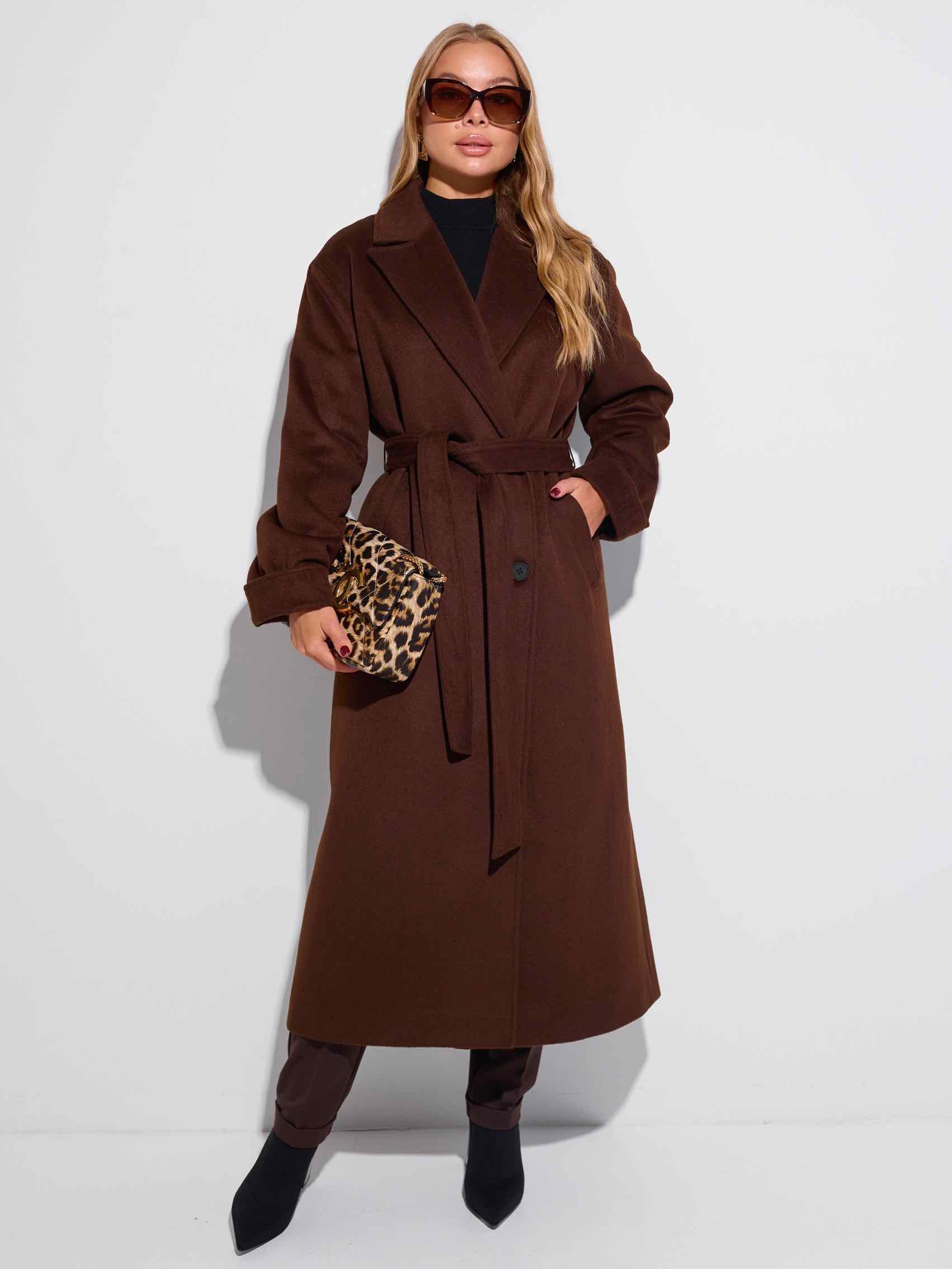 Двубортное женское пальто классическое, горький шоколад 
