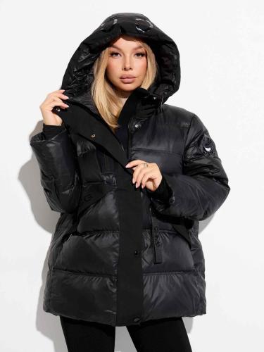 Женский пуховик с капюшоном, черное золото