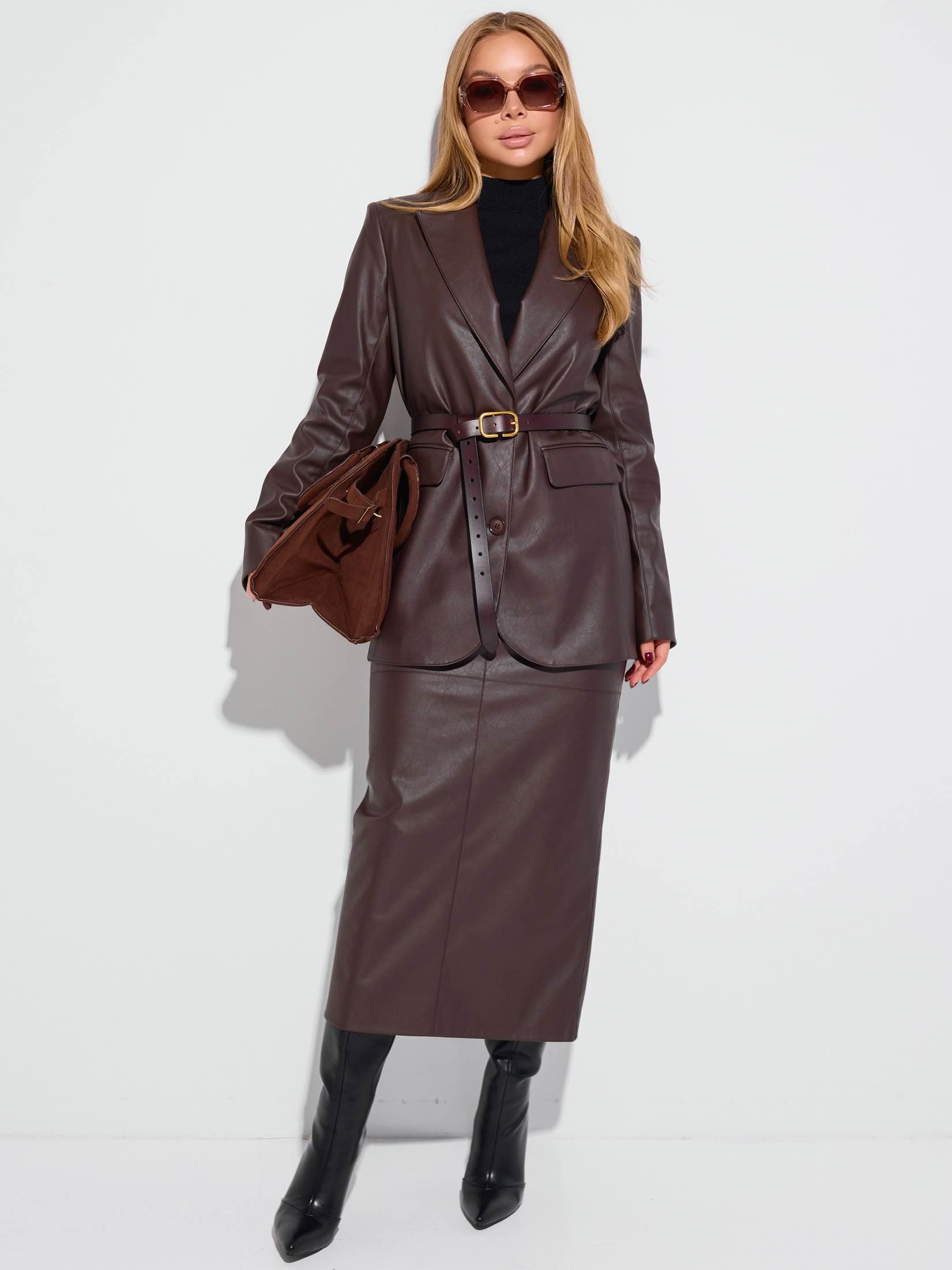 Юбка-миди из экокожи, горький шоколад 