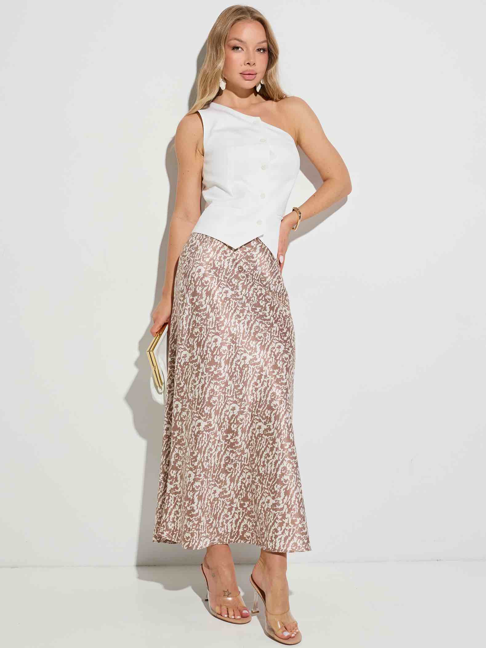 Юбка-макси атласная классическая, бежево-коричневая