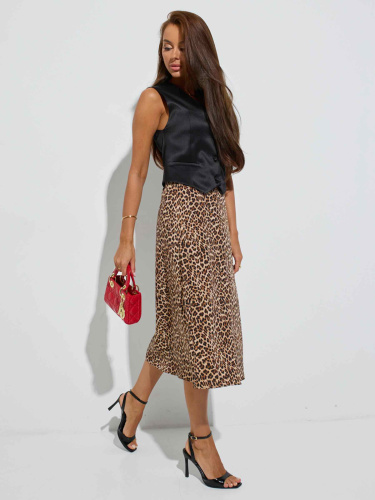 Юбка-миди с разрезом сбоку, мелкий леопард