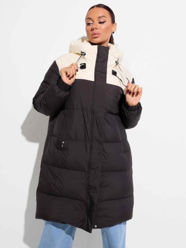 Женский длинный пуховик с капюшоном, черно-белый