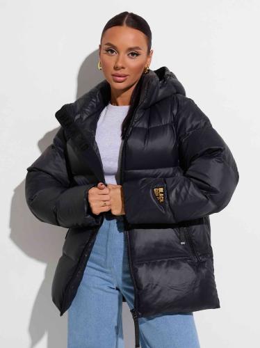 Женский пуховик с капюшоном прямого кроя, черное золото