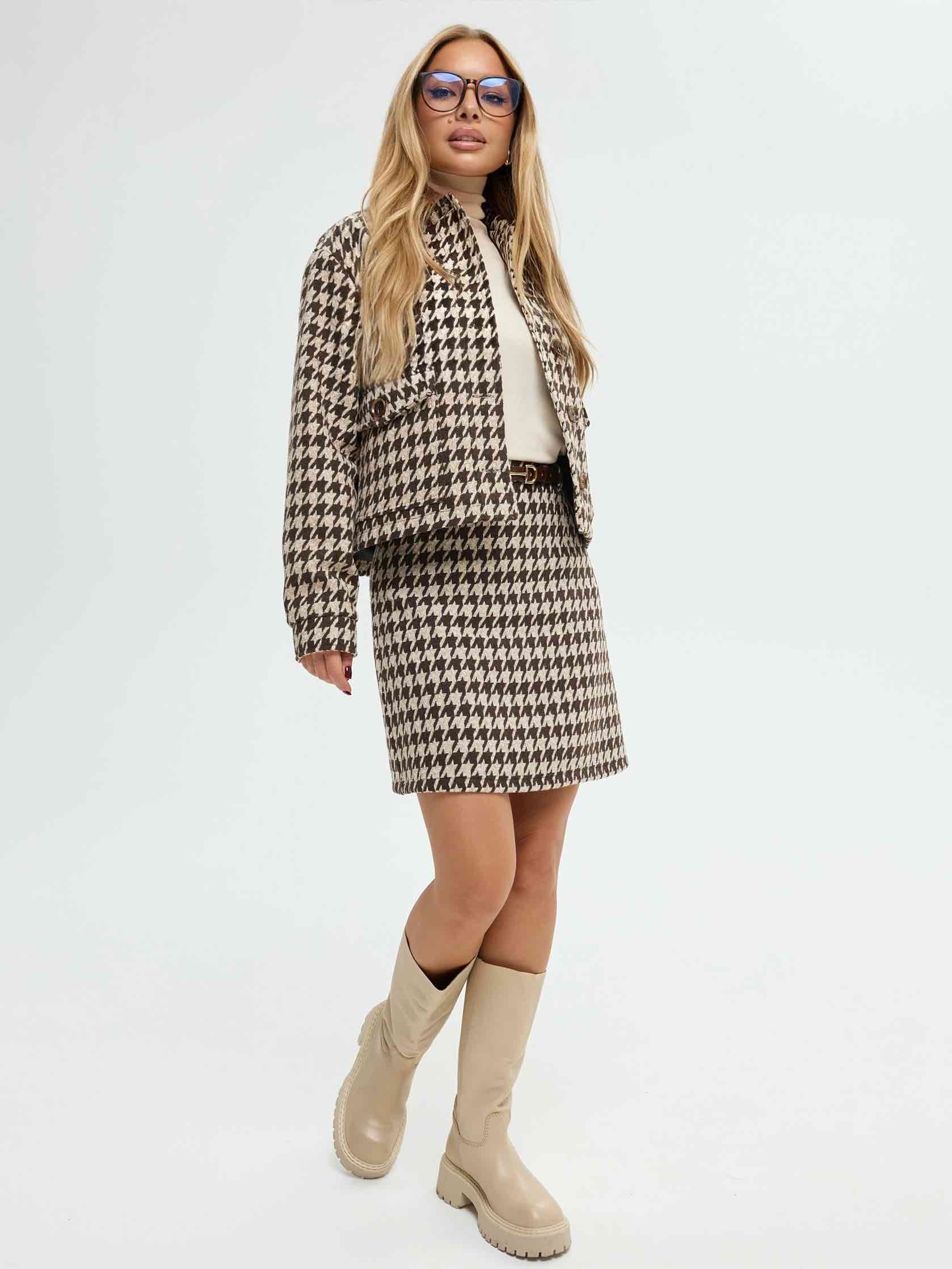 Юбка из твида с высокой талией, коричнево-бежевая