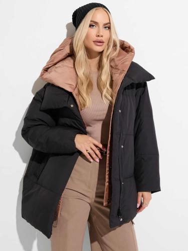 Зимний пуховик с капюшоном комбинированный, черный и светло-коричневый