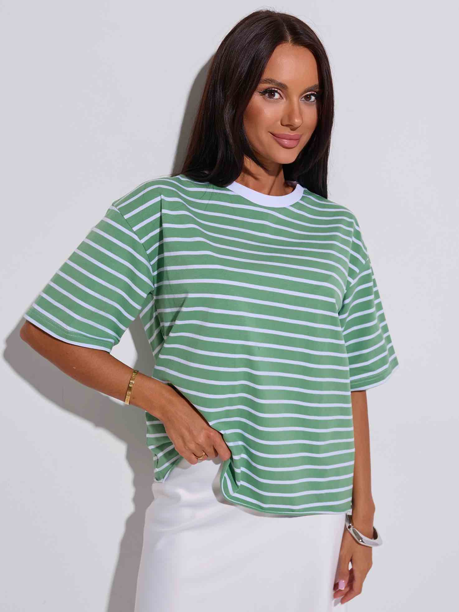 Футболка оверсайз в полоску, зелено-белая