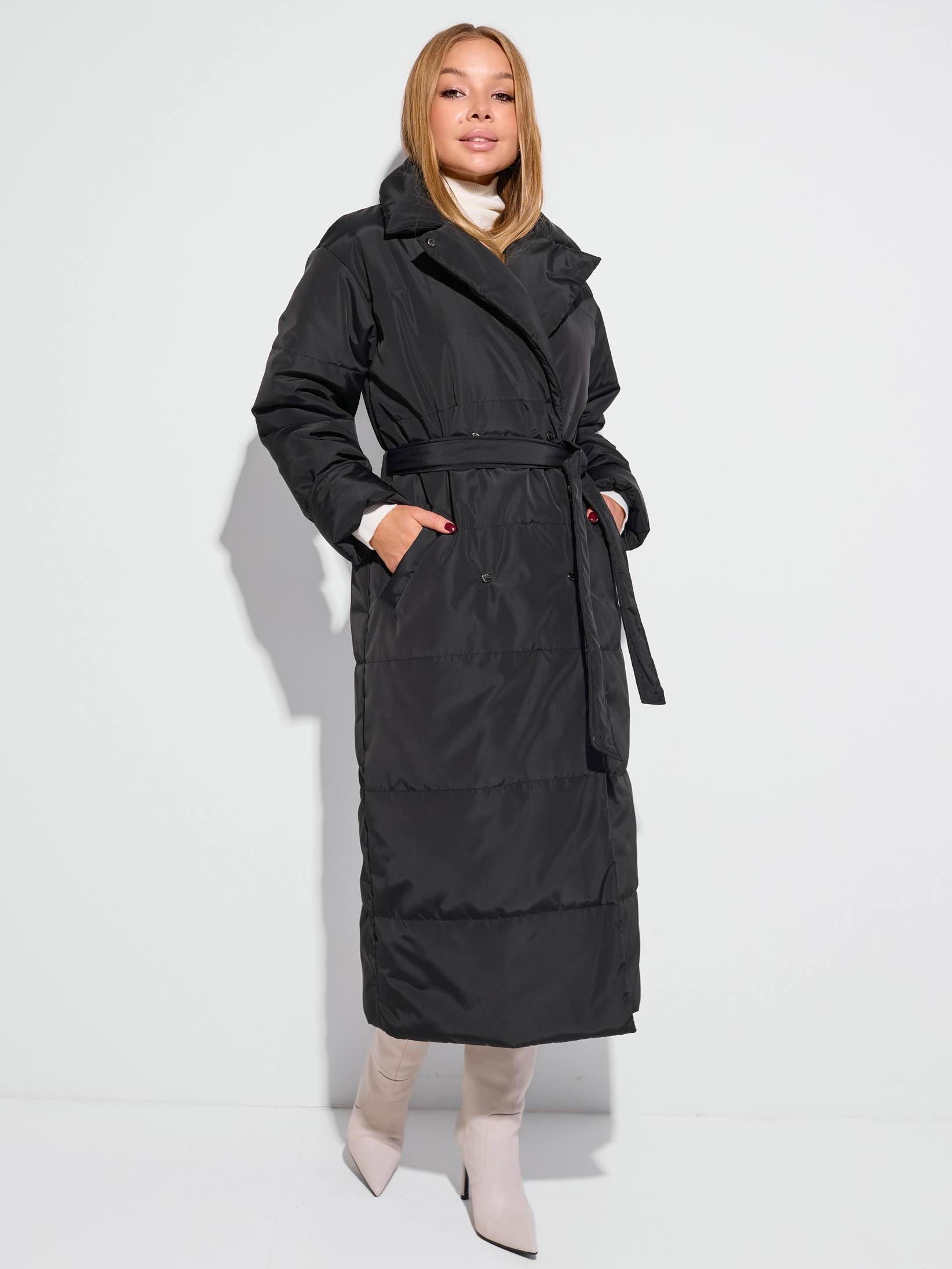 Демисезонное двубортное пальто с поясом, черное 