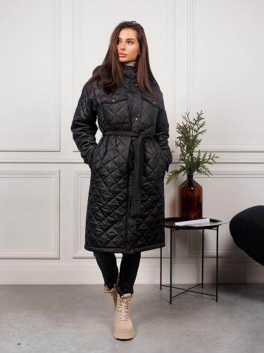 Пальто с капюшоном утепленное из стежки, черное