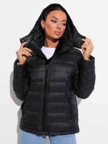 Женский пуховик прямого силуэта с капюшоном, черный