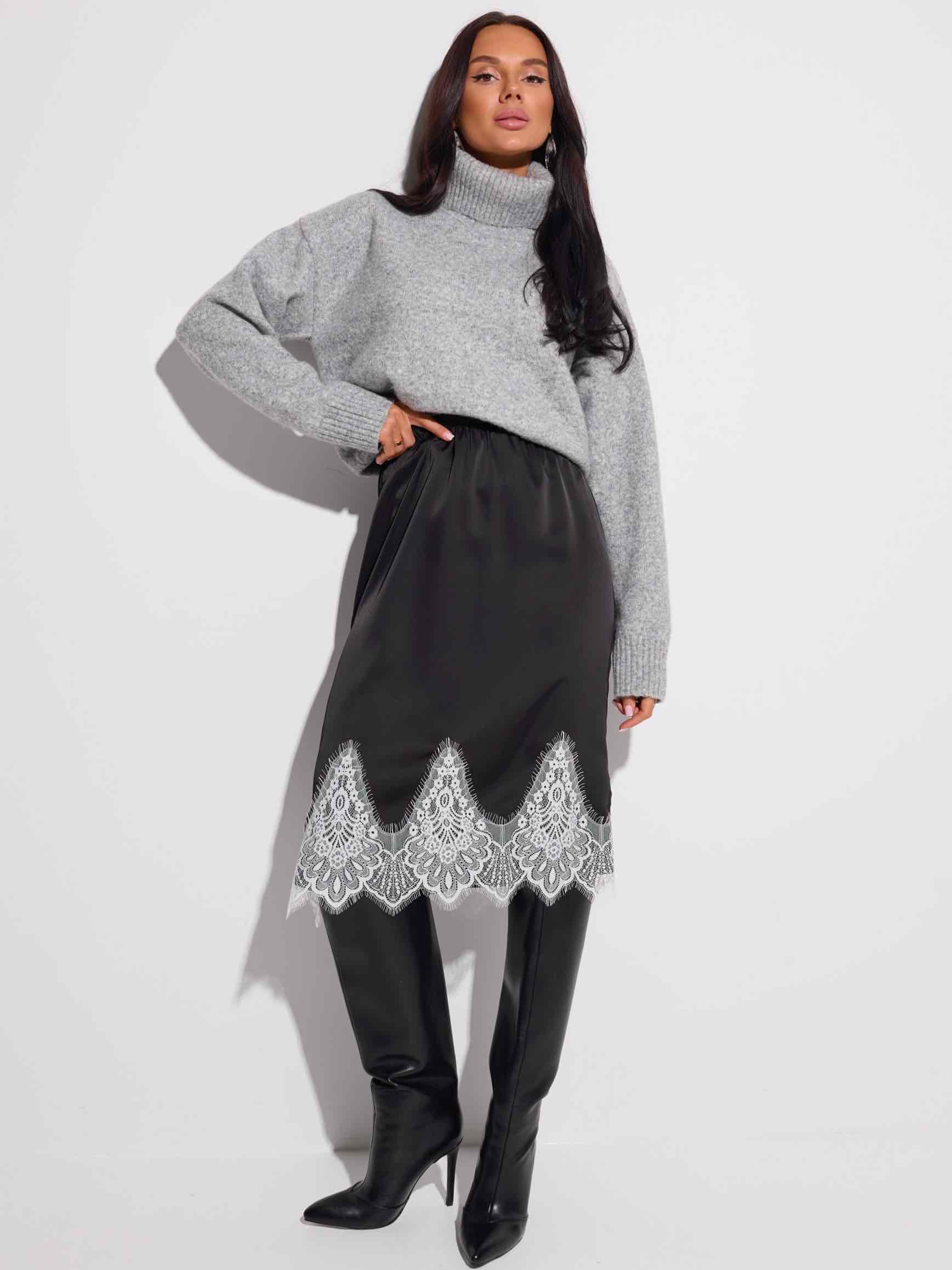 Юбка атласная с кружевом, черный/белый