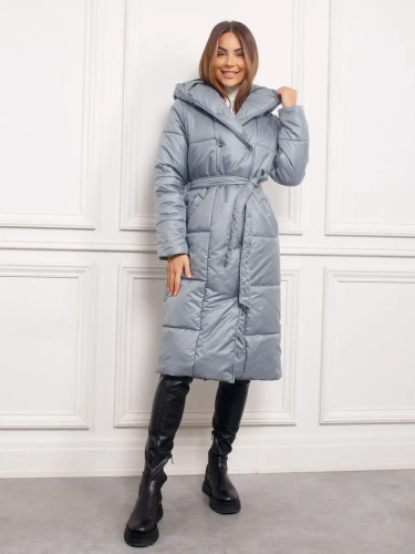 Пальто двубортное с капюшоном зимнее, серо-зеленое