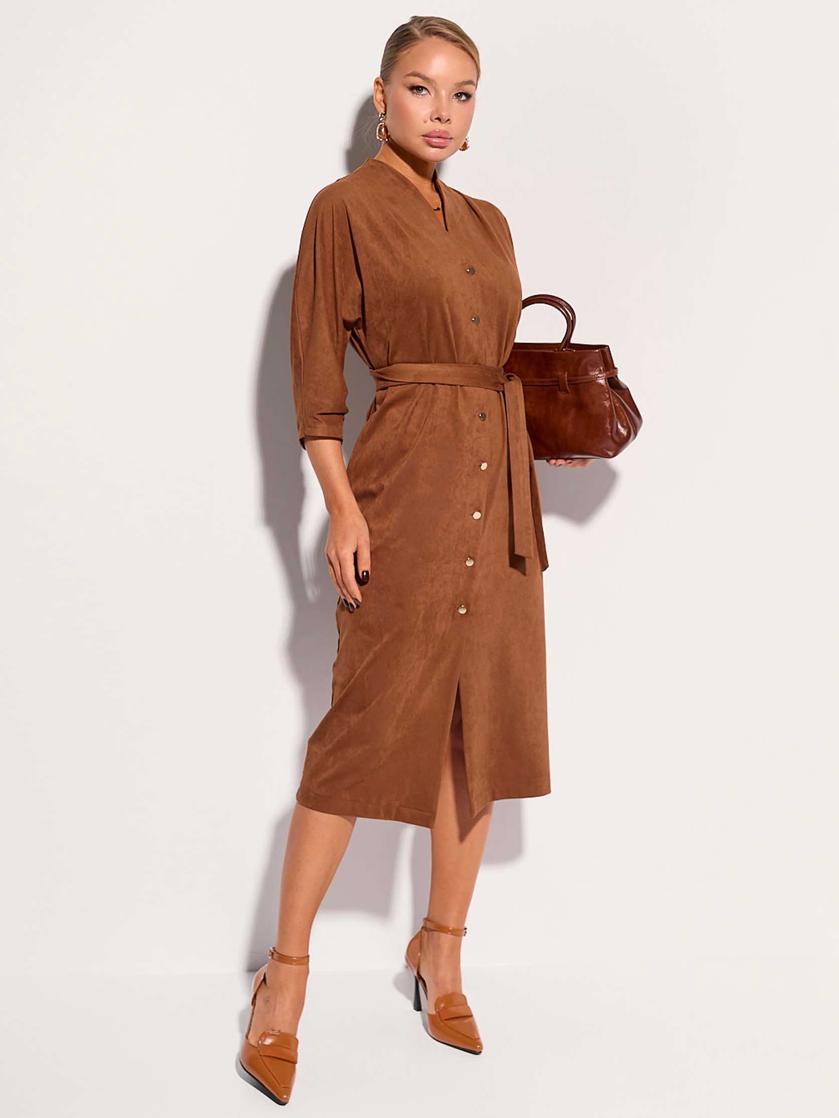 Платье-миди с поясом, темно-коричневое