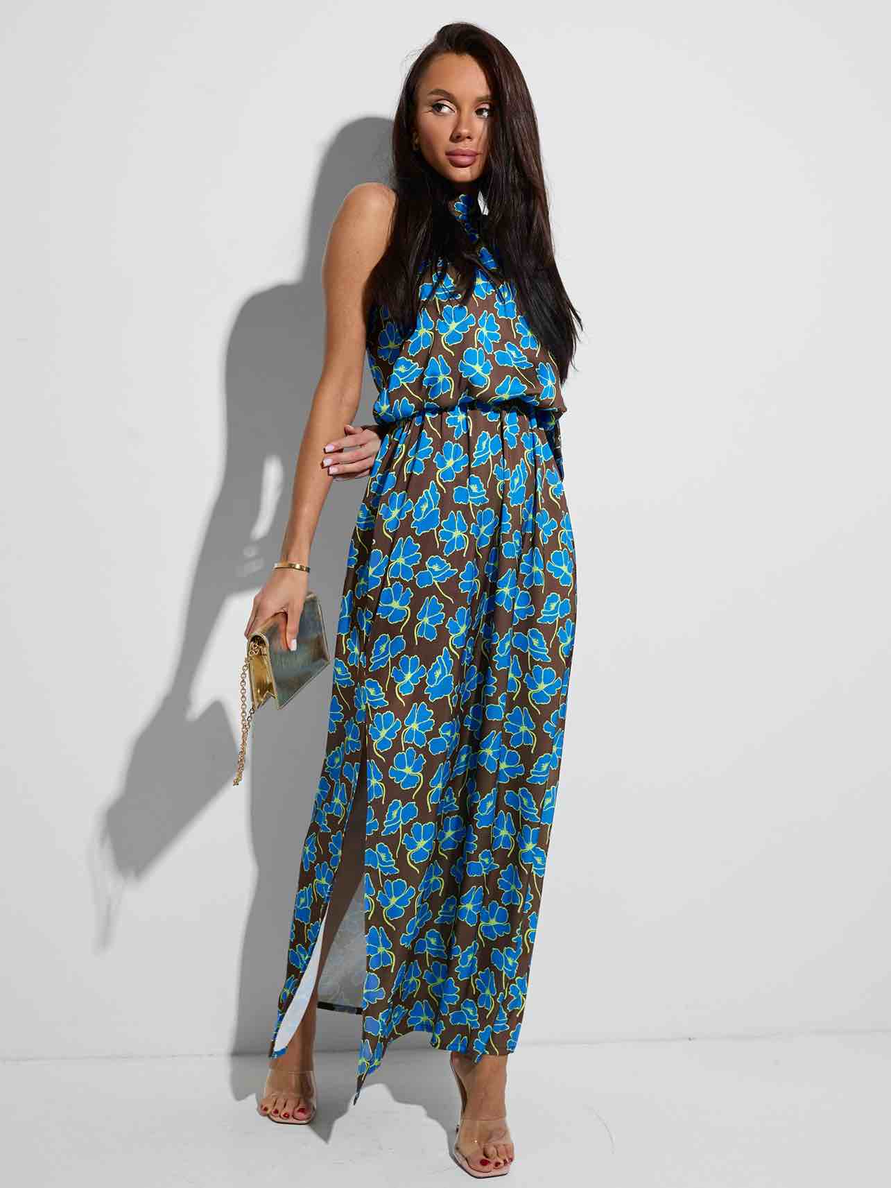 Платье макси летнее, шоколадно-голубое