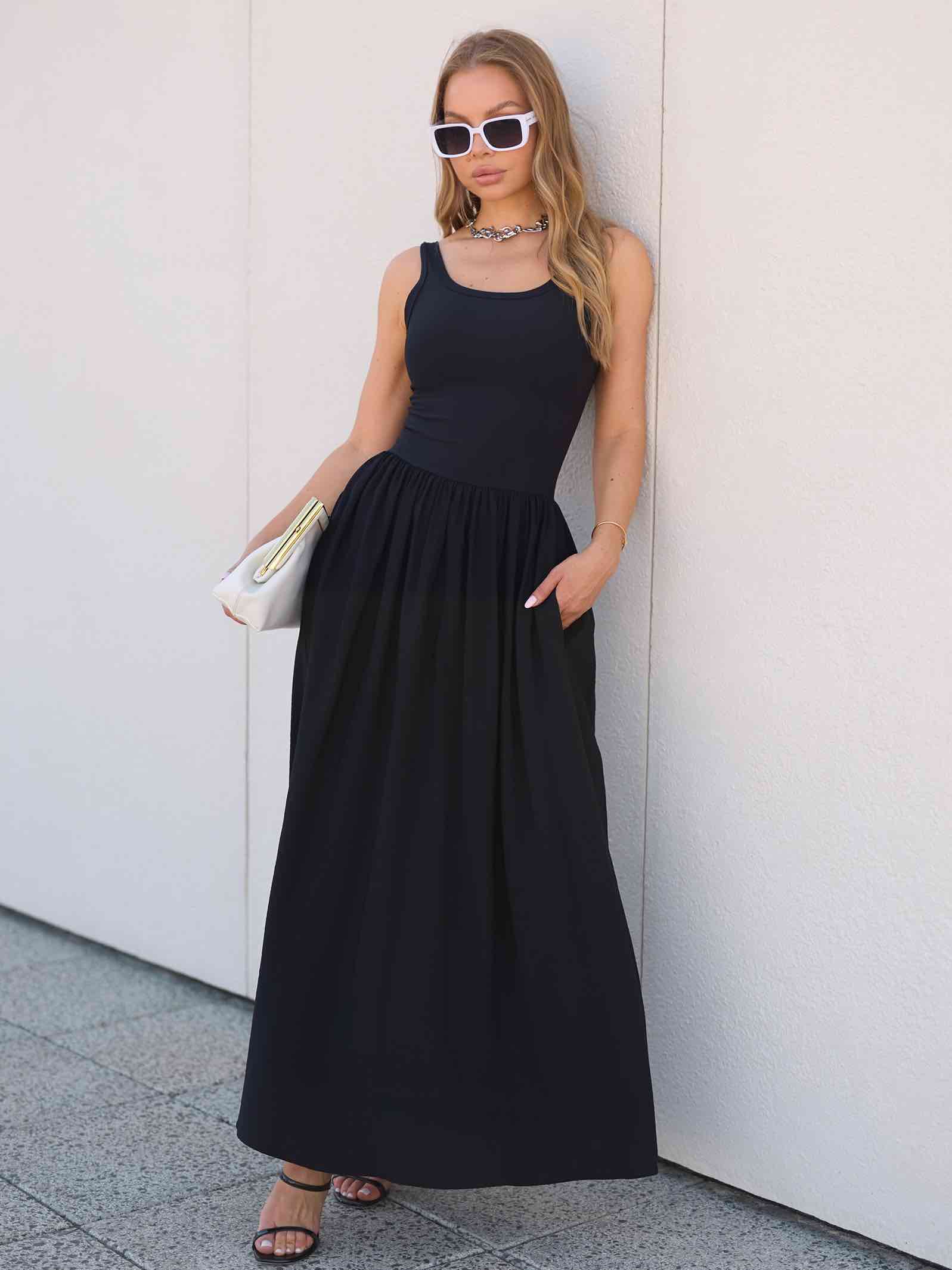 Сарафан летний макси с карманами, черный