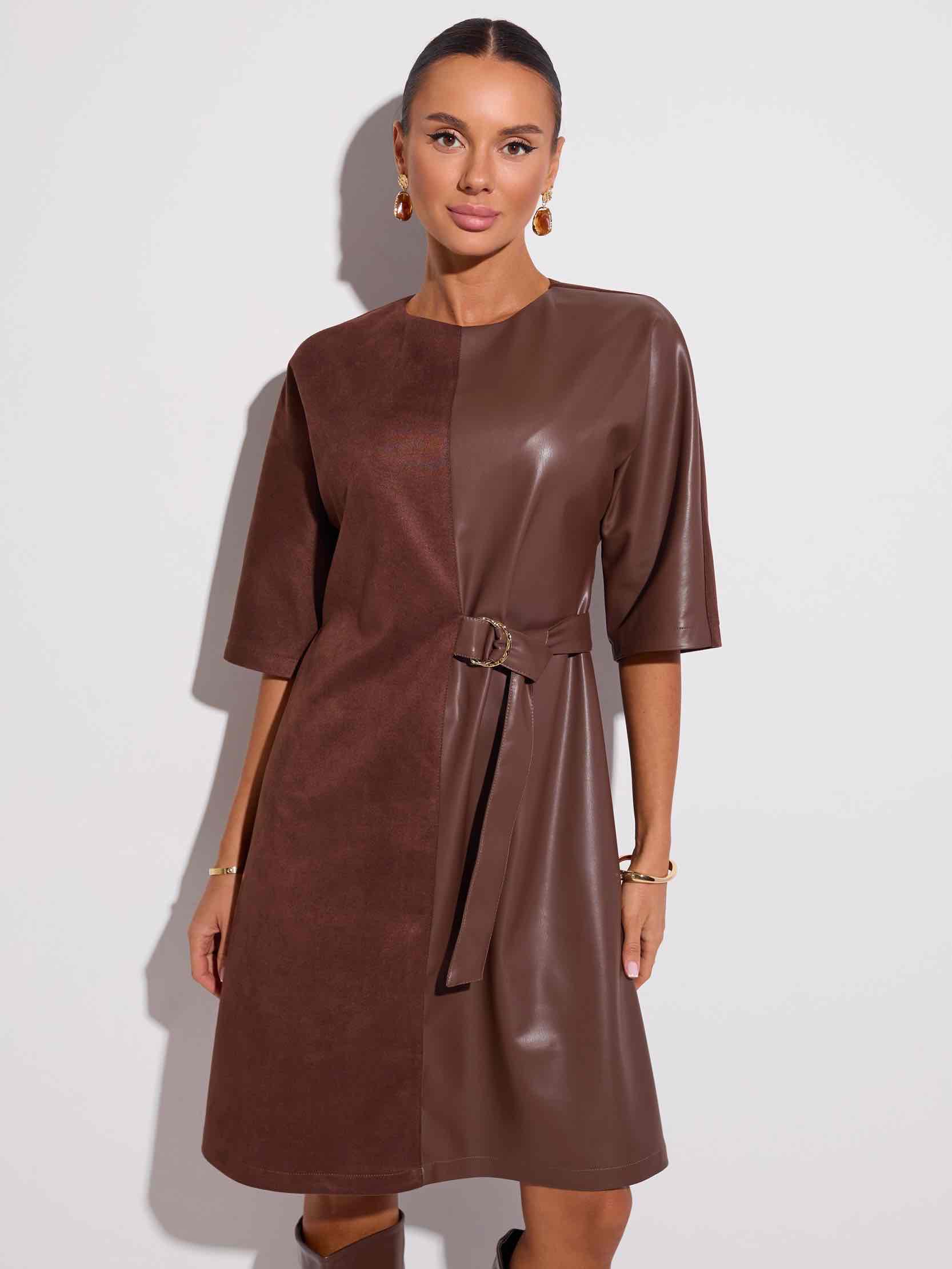 Платье комбинированное из экокожи и экозамши, горький шоколад 