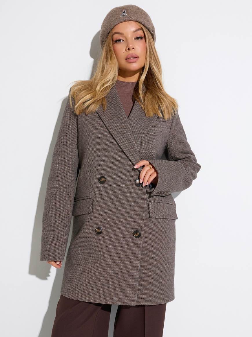 Двубортное пальто прямого кроя, коричневое 