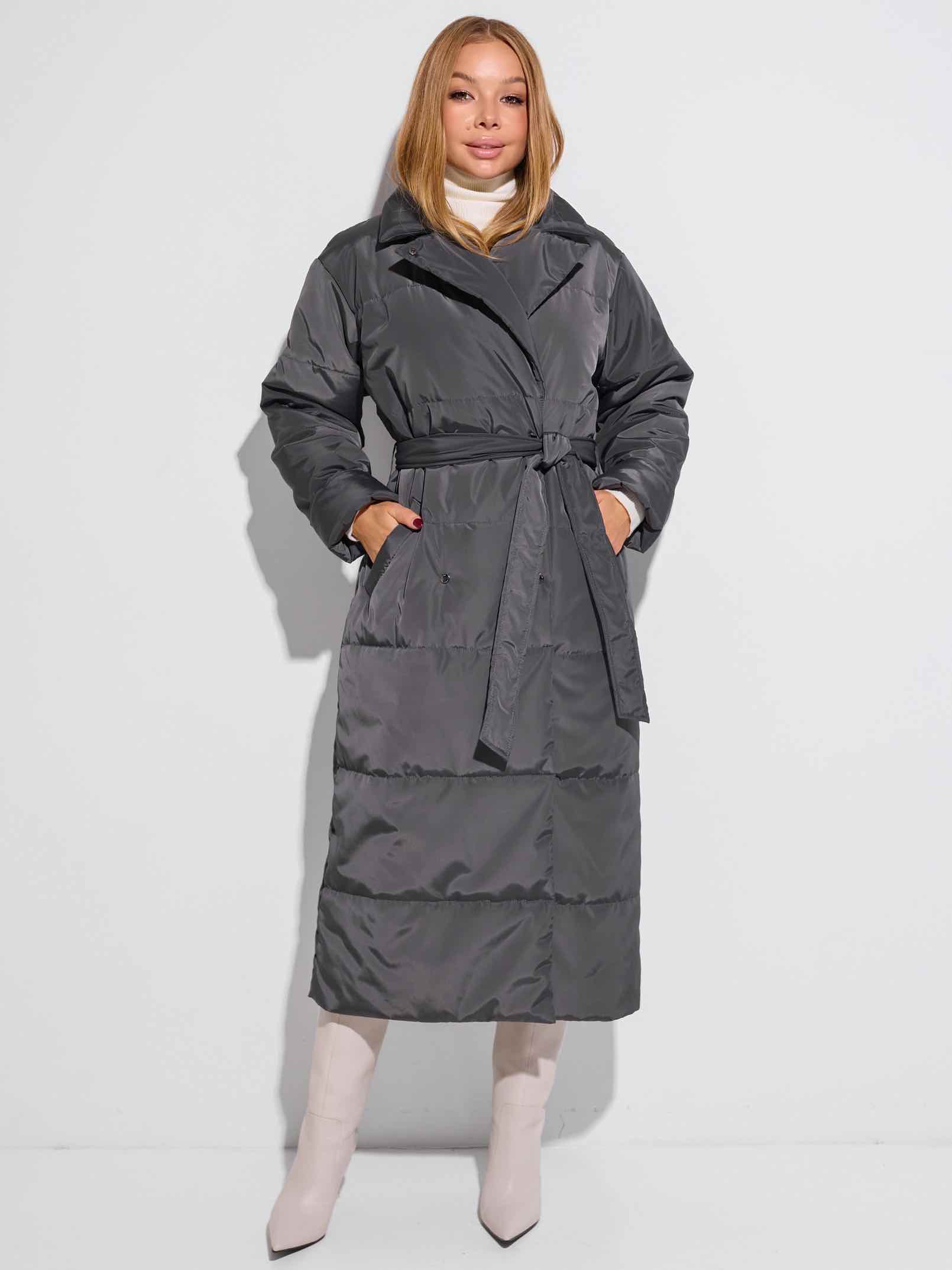 Демисезонное двубортное пальто с поясом, графит