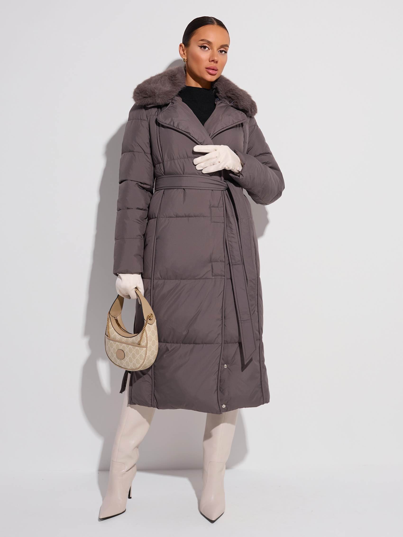 Зимнее пальто с капюшоном и меховым воротником, графит