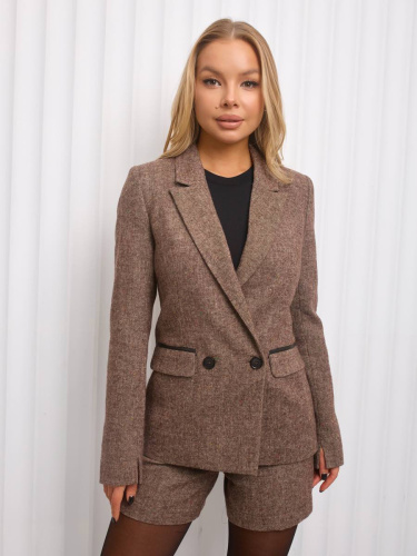 Женский двубортный жакет из твида, коричневый