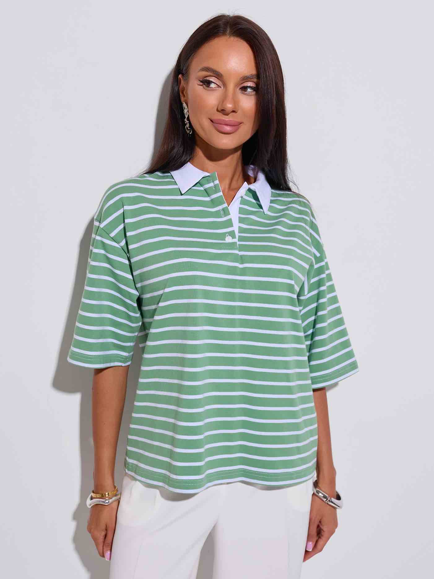 Футболка поло оверсайз в полоску, зелено-белая