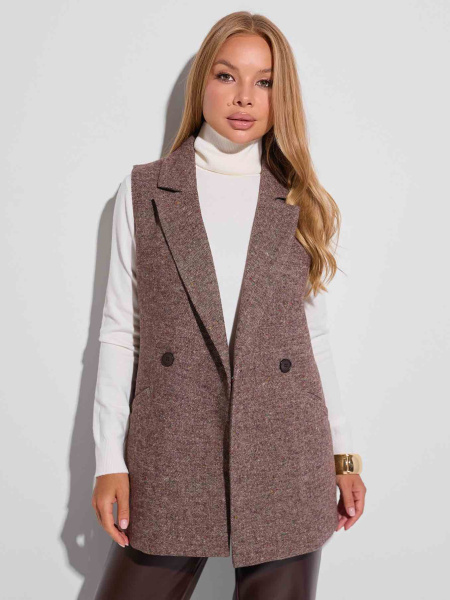 Жилет женский удлиненный двубортный из твида, коричневый 