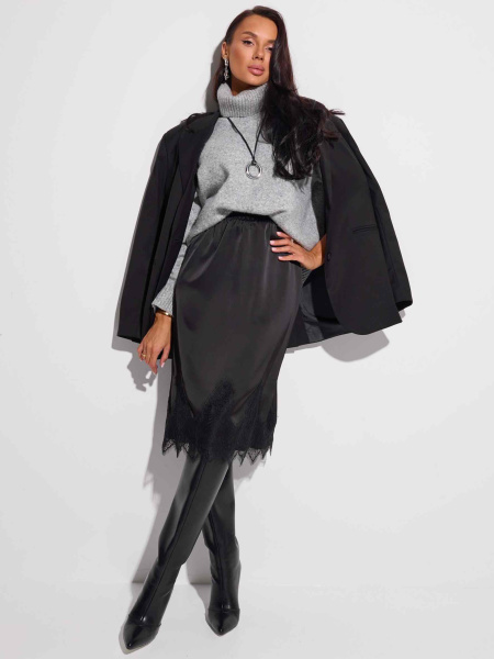 Юбка атласная с кружевом, черный/черный