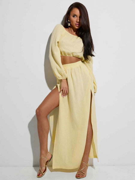 Юбка-макси с разрезами из муслина, желтая