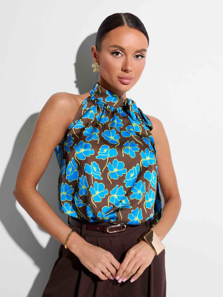 Блузка атласная без рукавов, шоколадно-голубая