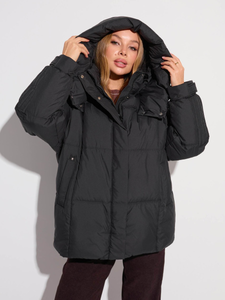 Зимний пуховик удлиненный с капюшоном, черный#1