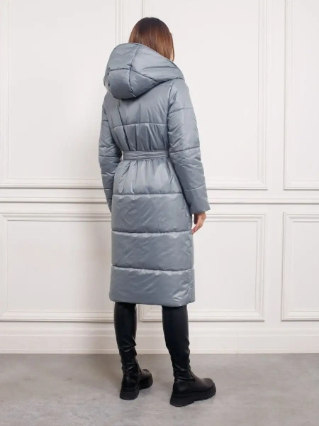 Пальто двубортное с капюшоном зимнее, серо-зеленое