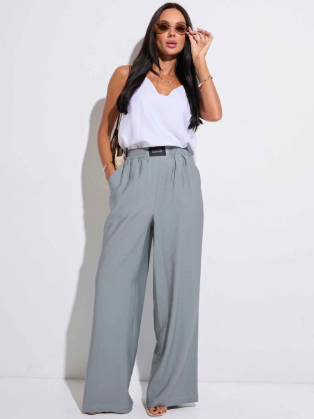 Брюки-палаццо на резинке, серо-зеленые