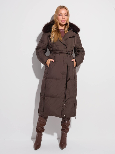 Зимнее пальто с капюшоном и меховым воротником, темный шоколад 