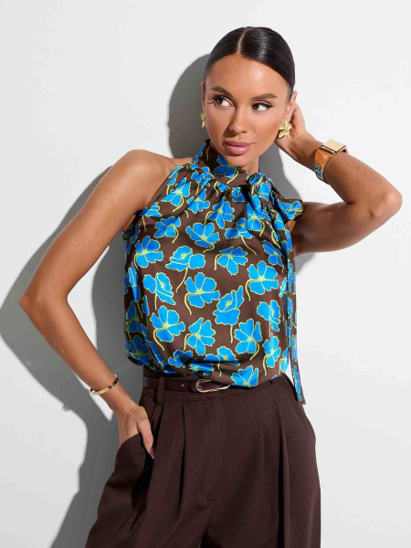 Блузка атласная без рукавов, шоколадно-голубая