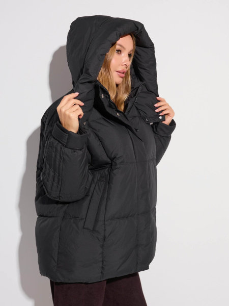 Зимний пуховик удлиненный с капюшоном, черный#1