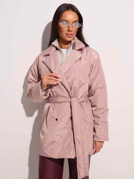 Куртка демисезонная с поясом, бежево-розовая