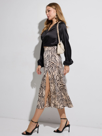 Юбка-миди с разрезом сбоку, бежево-черная зебра