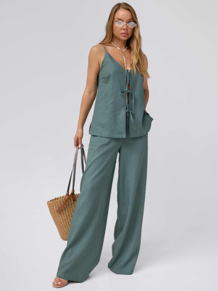 Льняные брюки-палаццо летние, серо-зеленые