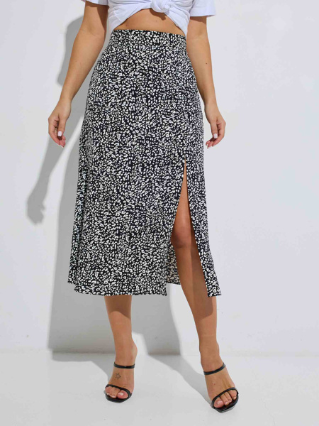 Юбка-миди с разрезом сбоку, черно-белая