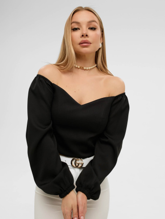 Женский приталенный топ с объемными рукавами, черный