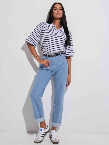 Футболка поло оверсайз в полоску, бело-черная