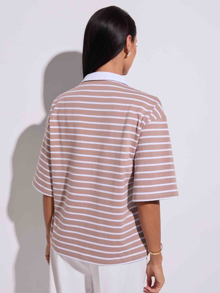 Футболка поло оверсайз в полоску, бежево-белая