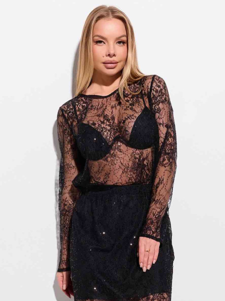 Кружевной костюм с юбкой и топом, черный