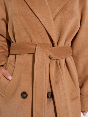 Двубортное женское пальто с поясом, кэмел
