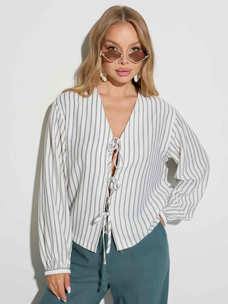 Рубашка летняя на завязка, бело-серо-зеленая