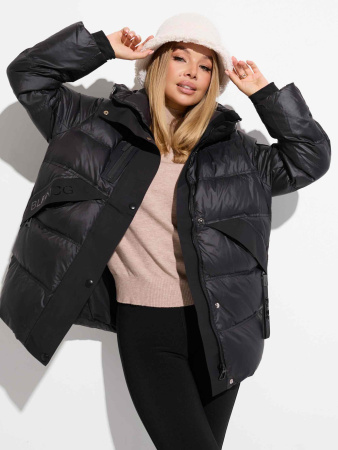 Женский пуховик с капюшоном, черное золото