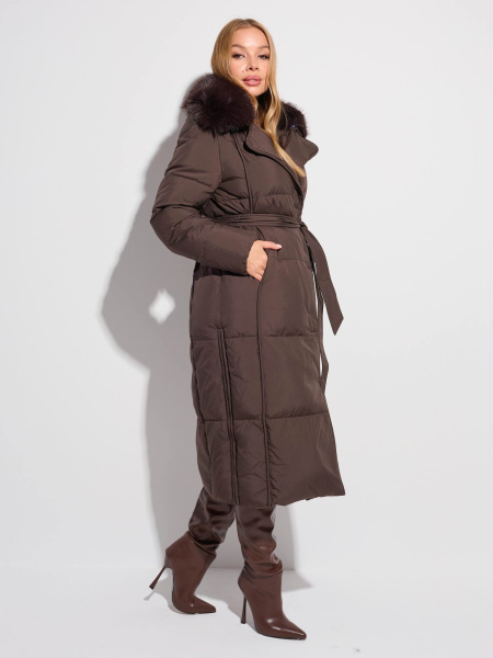 Зимнее пальто с капюшоном и меховым воротником, темный шоколад 