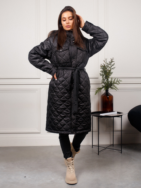 Пальто с капюшоном утепленное из стежки, черное